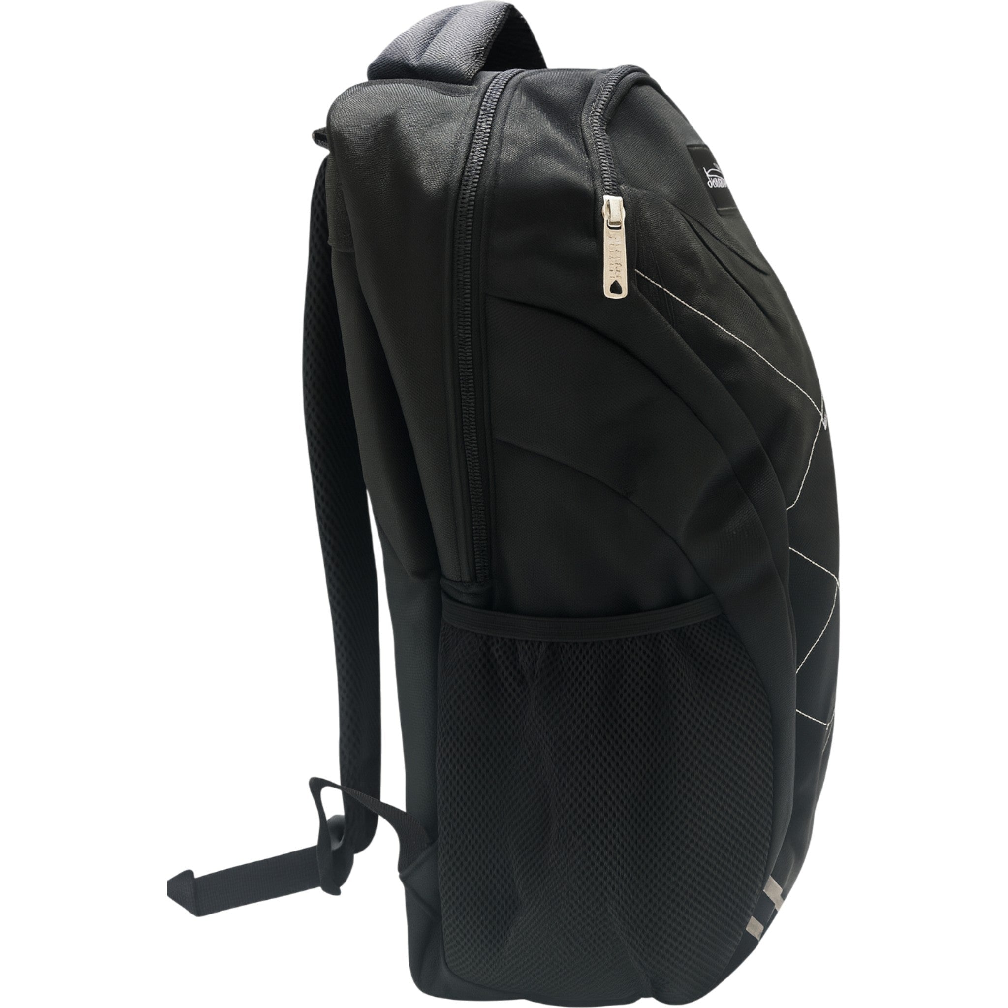 Black Challenger dual compartment backpack with white detailing, padded shoulder straps, and side mesh pockets – ideal for school, work, or travel.